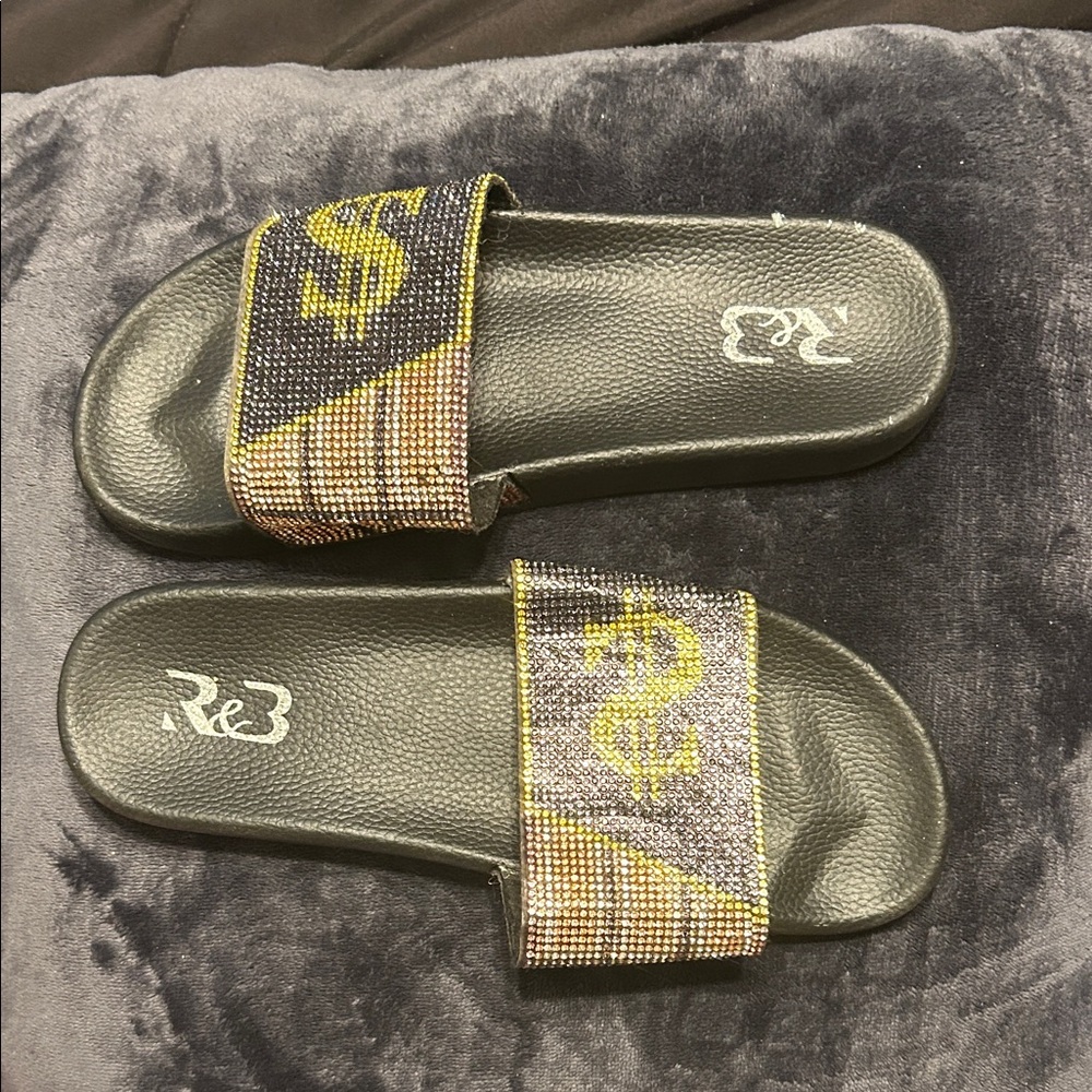 Black and Gold Slide Sandals